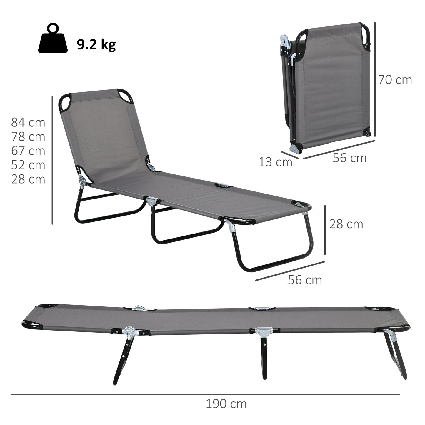 Outsunny Garden Sun Lounger, with Five-Position Back - Grey