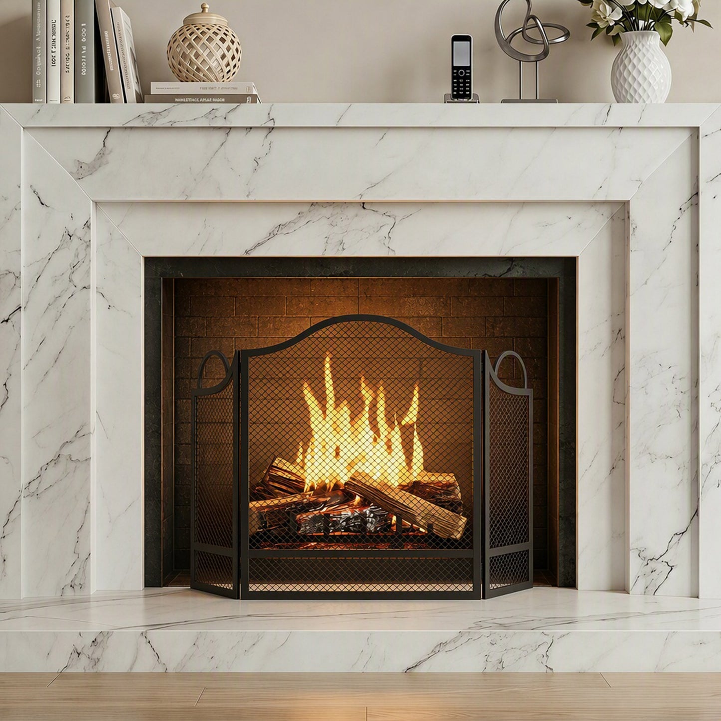 HOMCOM Floral 3-Panel Folding Fireplace Screen for Hearth Protection, Heat-Resistant Metal Fire Spark Guard, Black