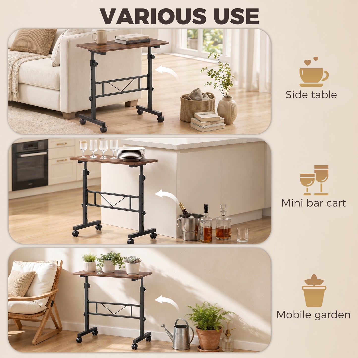 HOMCOM Overbed Table Adjustable Height Sofa Side Table with Wheels 80 x 40 cm Rustic Brown Black