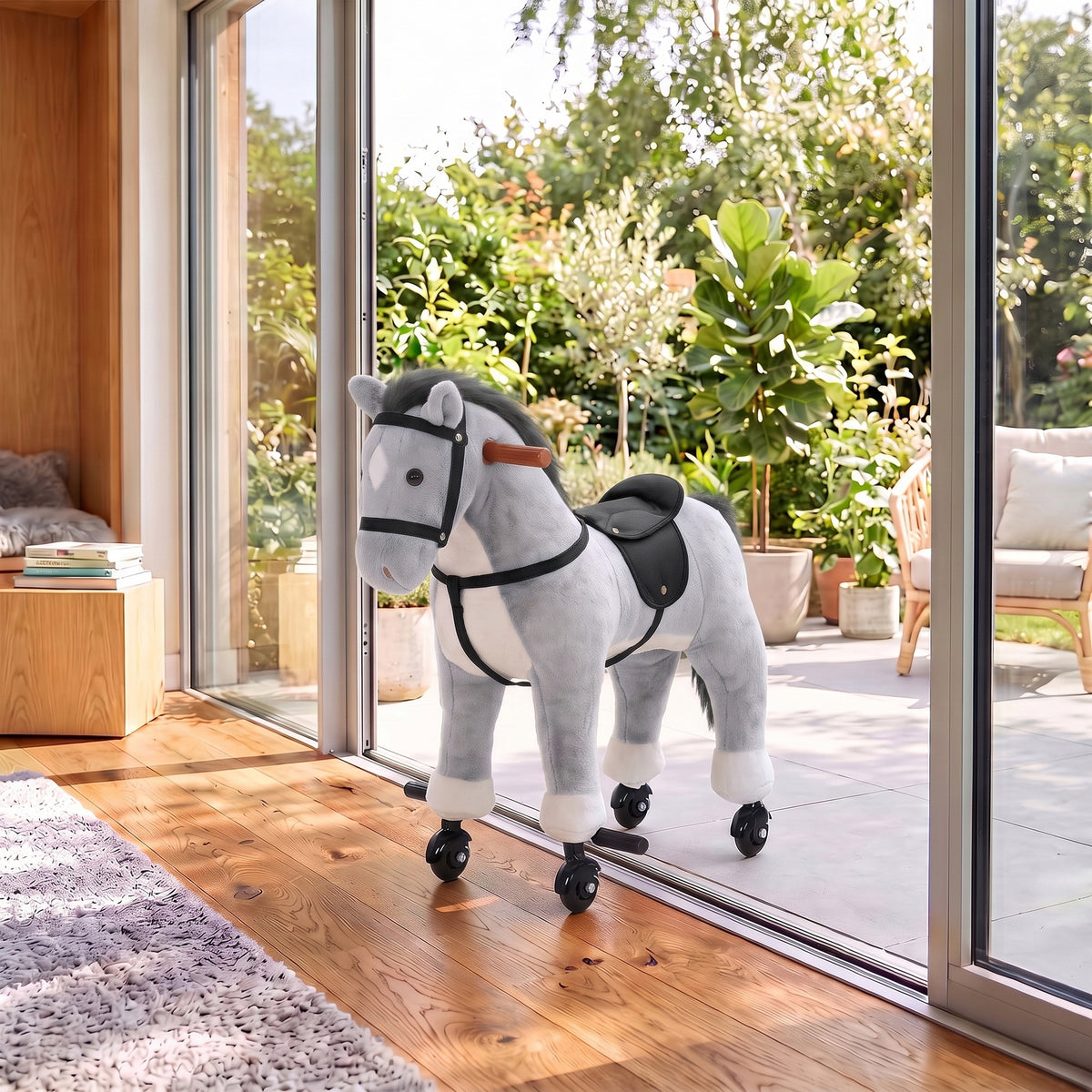 AIYAPLAY Rocking Horse, Plush Ride On Horse with Hoof Sounds, Music, Rolling Wheels and Pedal for 3-7 Years, Up to 50kg, Grey