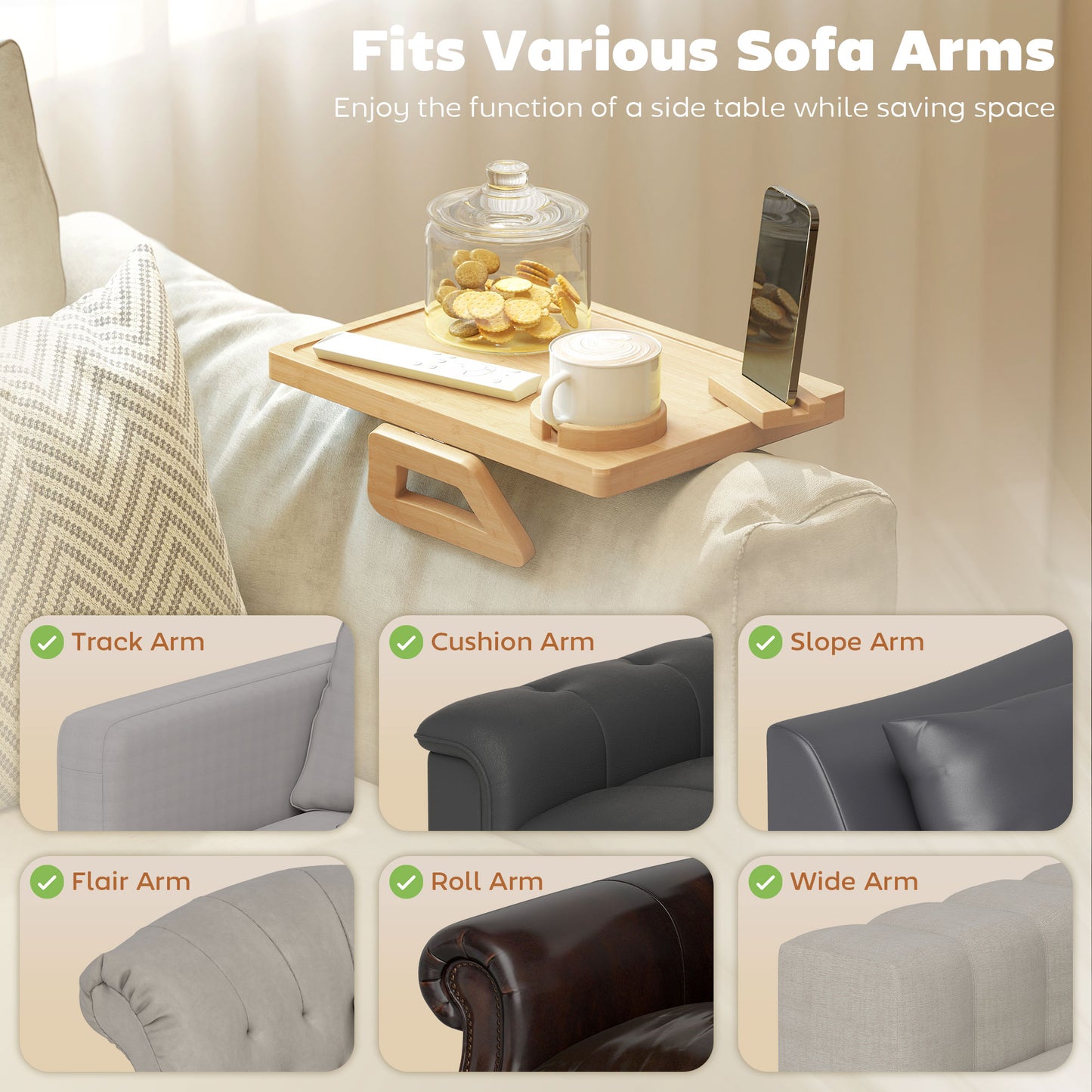 HOMCOM Anti-Slip Sofa Armrest Tray, Bamboo Sofa Arm Tray with 360Â° Phone Holder and Removable Cup Holder, Natural