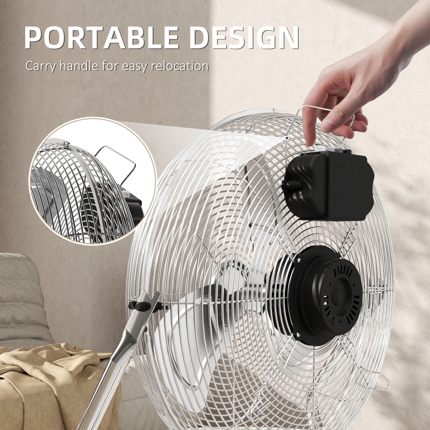 HOMCOM Metal Floor Fan with 3 Speeds & 120° Adjustable Tilt - Silver Tone