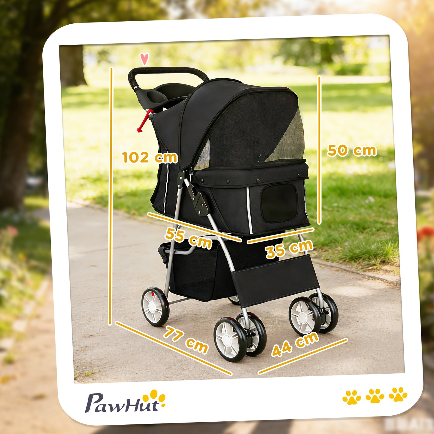 PawHut Dog Pram, Pet Stroller with Reflective Strips, Foldable Cat Stroller with 360Â° Swivel Wheels, Black