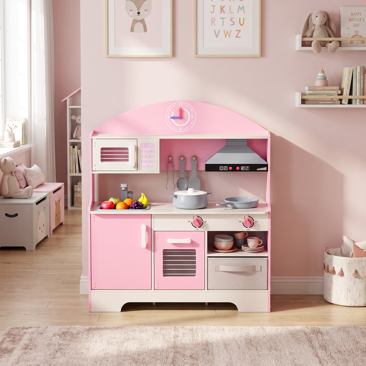 AIYAPLAY Kids Play Kitchen with Lights & Sounds, Pretend Play Toy set with Fabric Drawer, 5-Piece Accessories for 3-6 Years, Pink