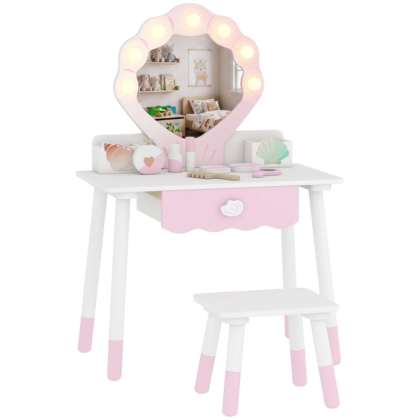 AIYAPLAY Kids Vanity Set, Kids Dressing Table with Chair, Acrylic Mirror, Lighted Bulbs, 7-Piece Accessories, for 3-8 Years, Pink