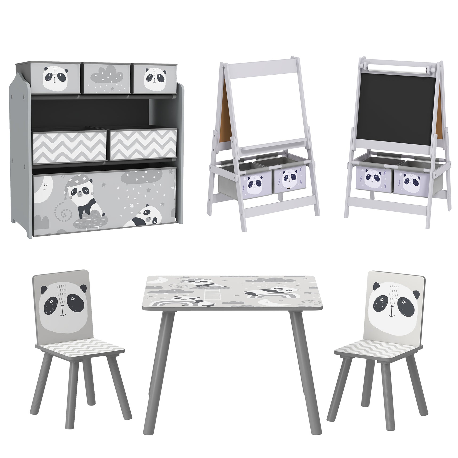 ZONEKIZ Kids Table and Chairs, Kids Storage Unit and Kids Easel Set, Cute Animal Design Kids Activity Furniture Set for Ages 3-8 Years, Grey