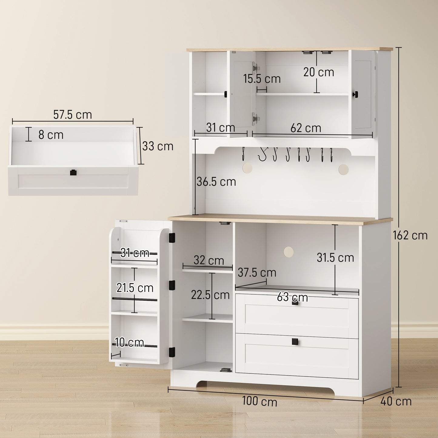 HOMCOM Kitchen Cupboard, Freestanding Kitchen Cabinet with 2 Cabinets, 2 Drawers, Open and Adjustable Shelves, White
