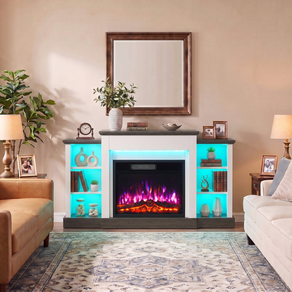 HOMCOM Electric Fireplace TV Stand 138cm, LED Strips, Adjustable Flame Effect, 6 Shelves, Entertainment Center Console Table