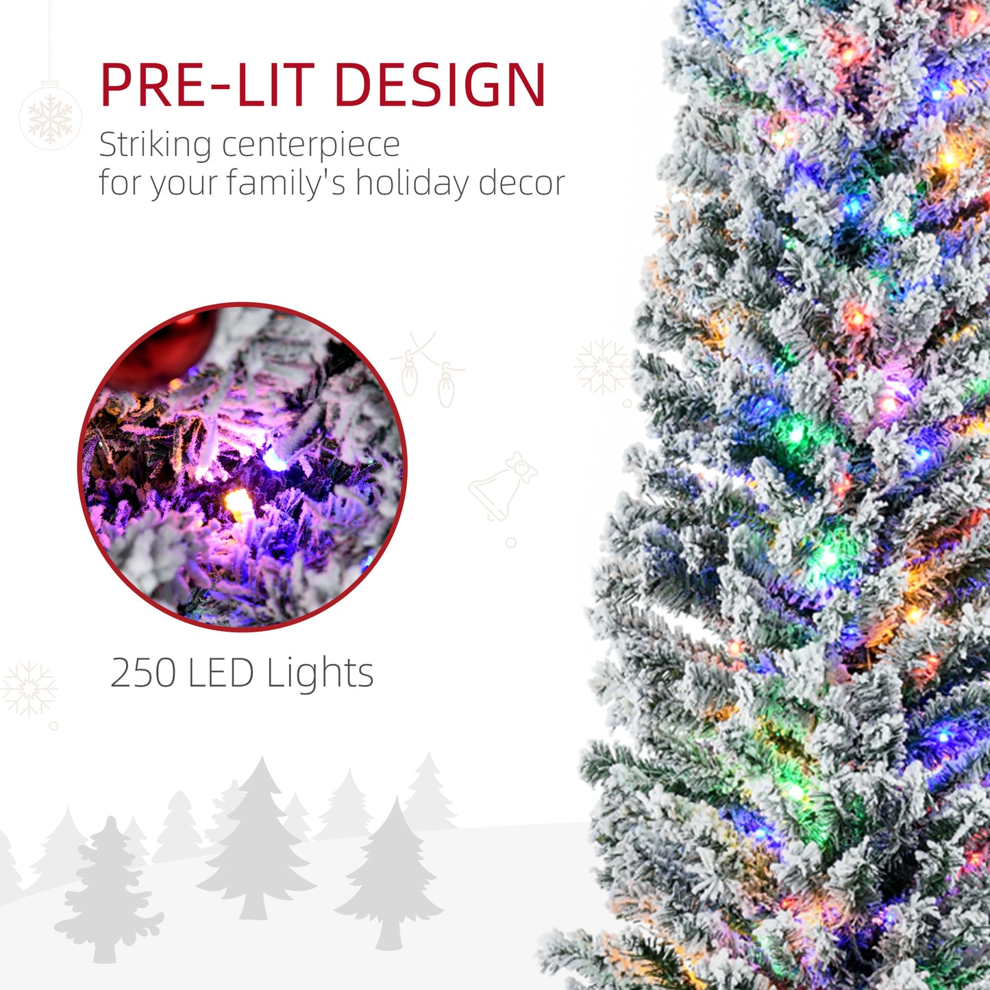 HOMCOM 7.5' Artificial Prelit Christmas Trees Holiday DÃ©cor with Colourful LED Lights, Flocked Tips, Berry, Pine Cone