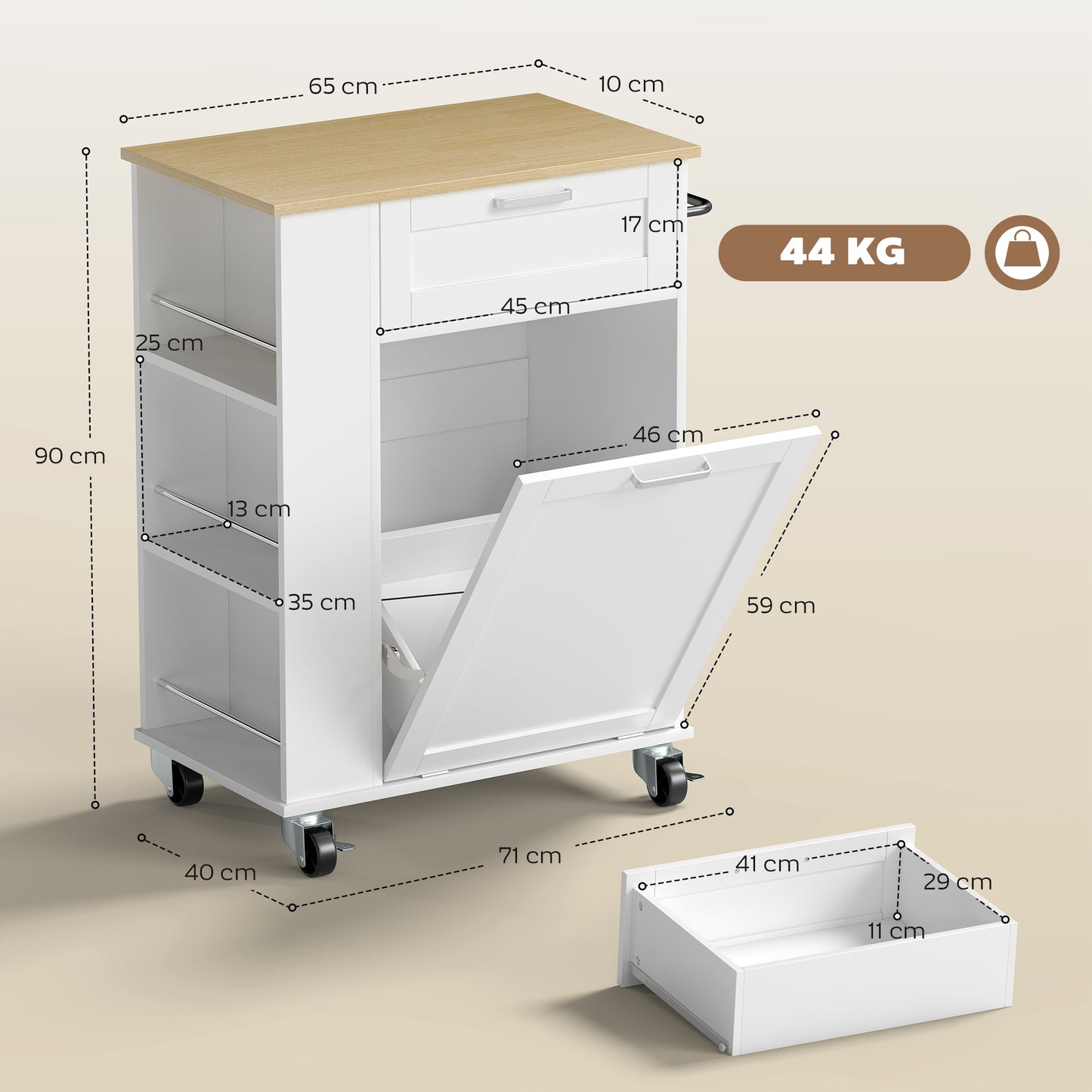 HOMCOM Kitchen Storage Trolley on Wheels, Rolling Kitchen Island with 2 Drawers, Tilt-Out Rubbish Cabinet and Storage, White