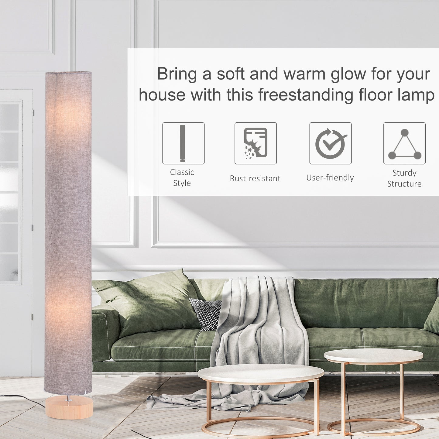 HOMCOM Floor Lamp for Living Room, 47" Modern Standing Lamp with Linen Shade, Wooden Base, Grey