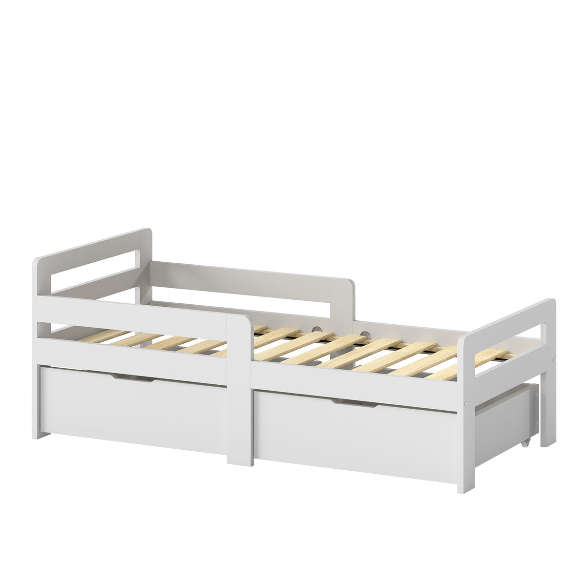 AIYAPLAY Wooden Kids Bed Frame with 2 Storage Drawers and Guard Rails for Ages 4-14, 144 x 76 x 57 cm (No Mattress), Grey Default Title