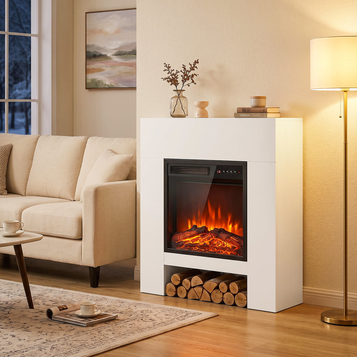 HOMCOM Freestanding Electric Fireplace Suite, Electric Fire and Surround with Shelf, Adjustable Flame Effect, Timer, Remote
