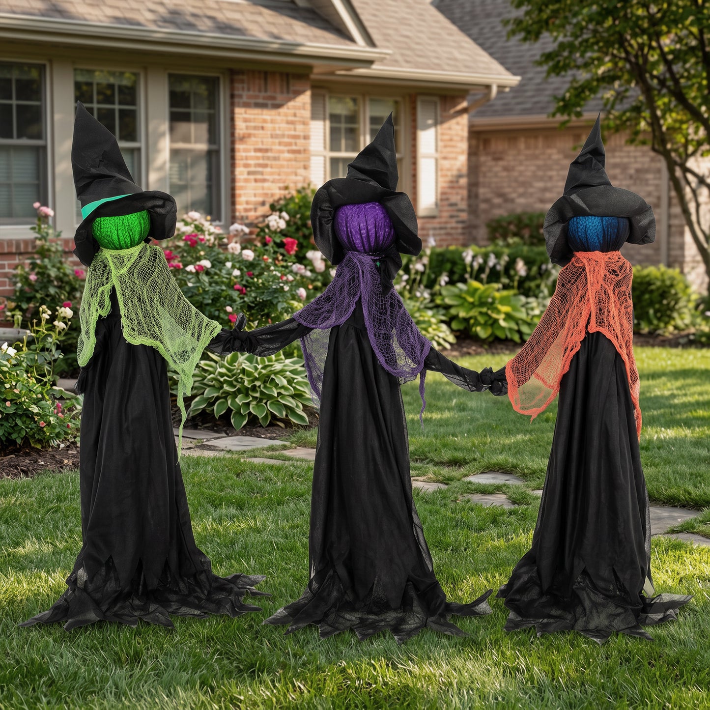 HOMCOM 120cm Witches Holding Hands Halloween Decorations Outdoor Indoor, Scary Halloween Witch Decor with Light-Up Heads