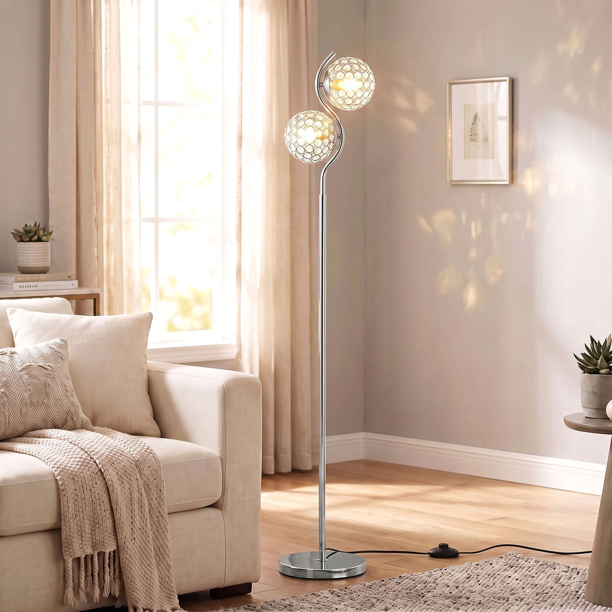 HOMCOM Floor Lamp with Crystal Globe Shades, Modern Dual Head Standing Lamp with Foot Switch and Weighted Base, Silver