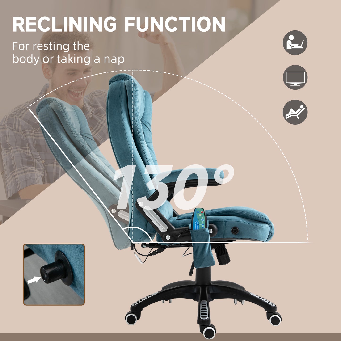 Vinsetto Massage Recliner Chair Heated Office Chair with Six Massage Points Velvet-Feel Fabric 360Â° Swivel Wheels Blue