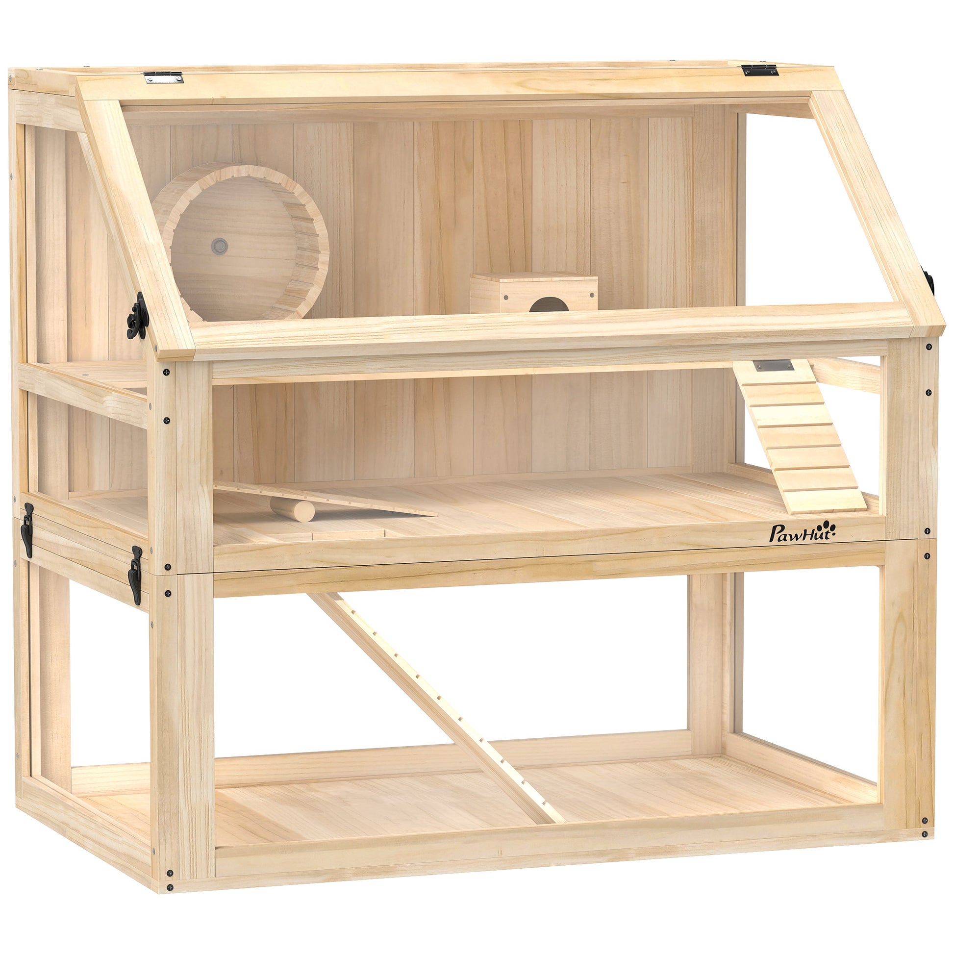 PawHut Wooden Hamster Cage with Detachable 31cm Deep Bottom, Hut, Seesaw, Exercise Wheel, Ramp, 80 x 50 x 76cm, Natural