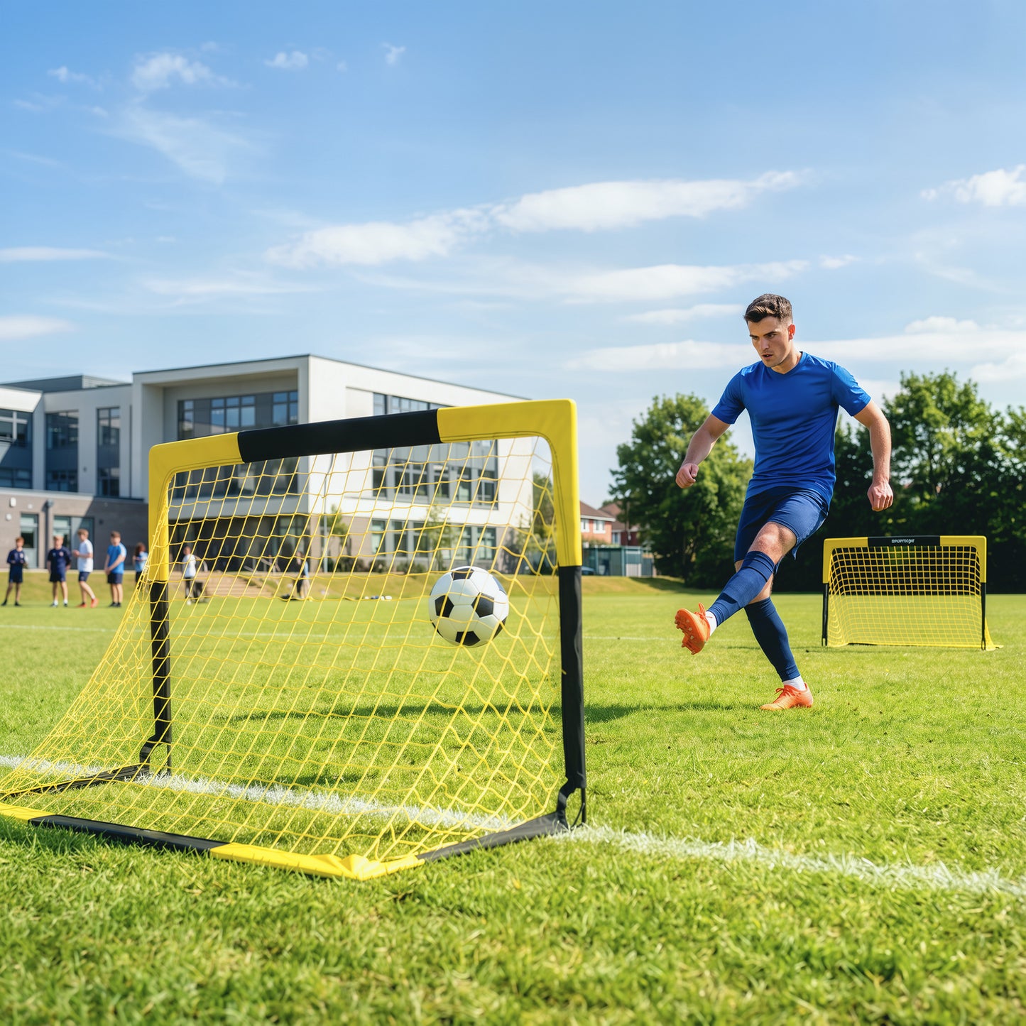 SPORTNOW Set of 2 Pop Up Football Goal, Portable Folding Football Net with Carry Bag, 8 U-Shaped Ground Stakes, Fibreglass Pole