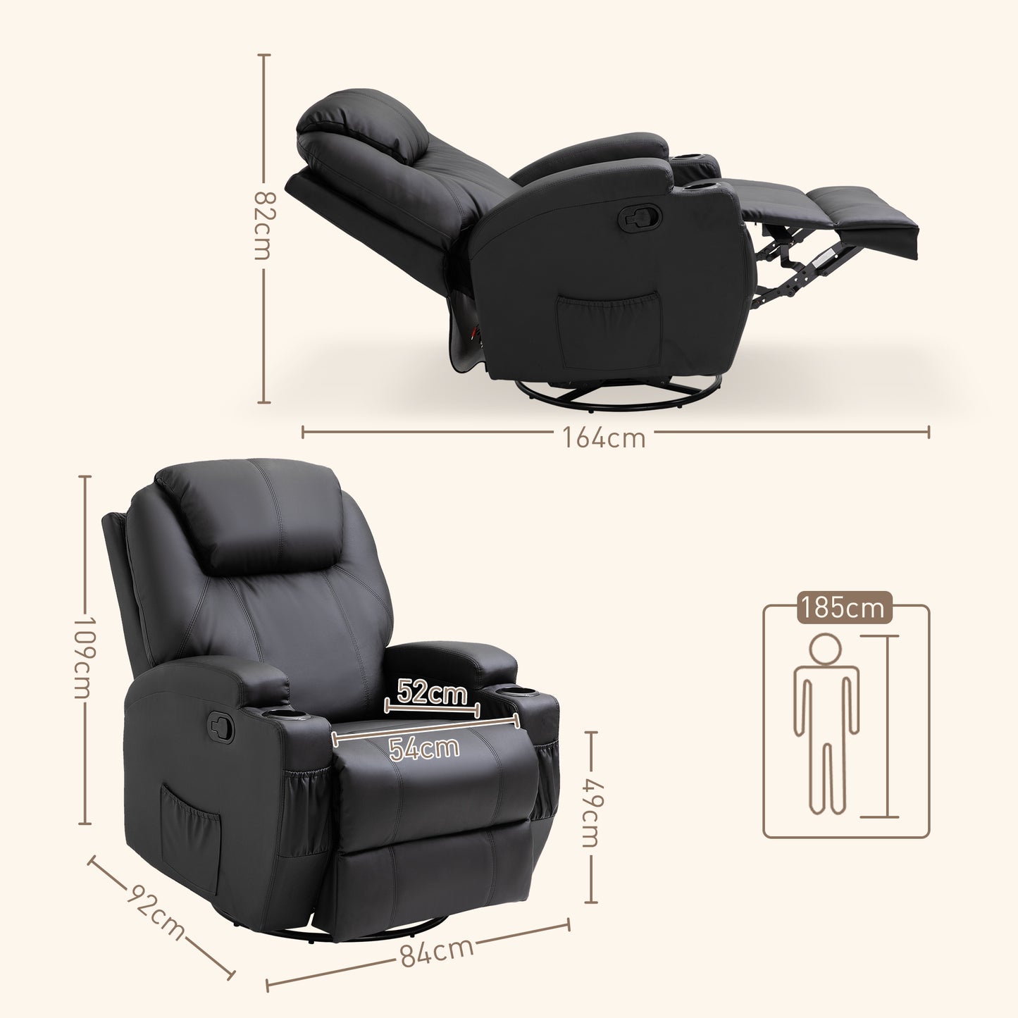 HOMCOM Recliner Chair, Recliner Massage Rocker Chair with 360Â° Rotate, 165Â° Reclining Function, Adjustable Footrest, Swivel Armchair Single Sofa for Living Room with Drink Holders, Side Pockets, Black
