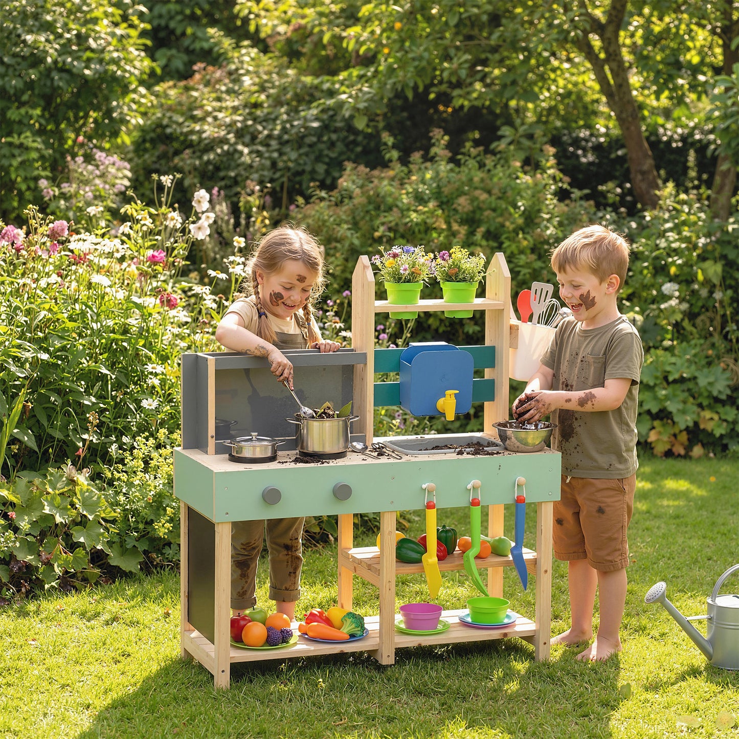 AIYAPLAY Mud Kitchen with Working Faucet, Kids Play Kitchen with Flower Pots, Kitchen Accessories, Planting Tools, Blue