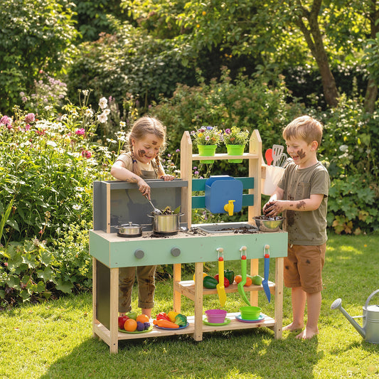 AIYAPLAY Mud Kitchen with Working Faucet, Kids Play Kitchen with Flower Pots, Kitchen Accessories, Planting Tools, Blue