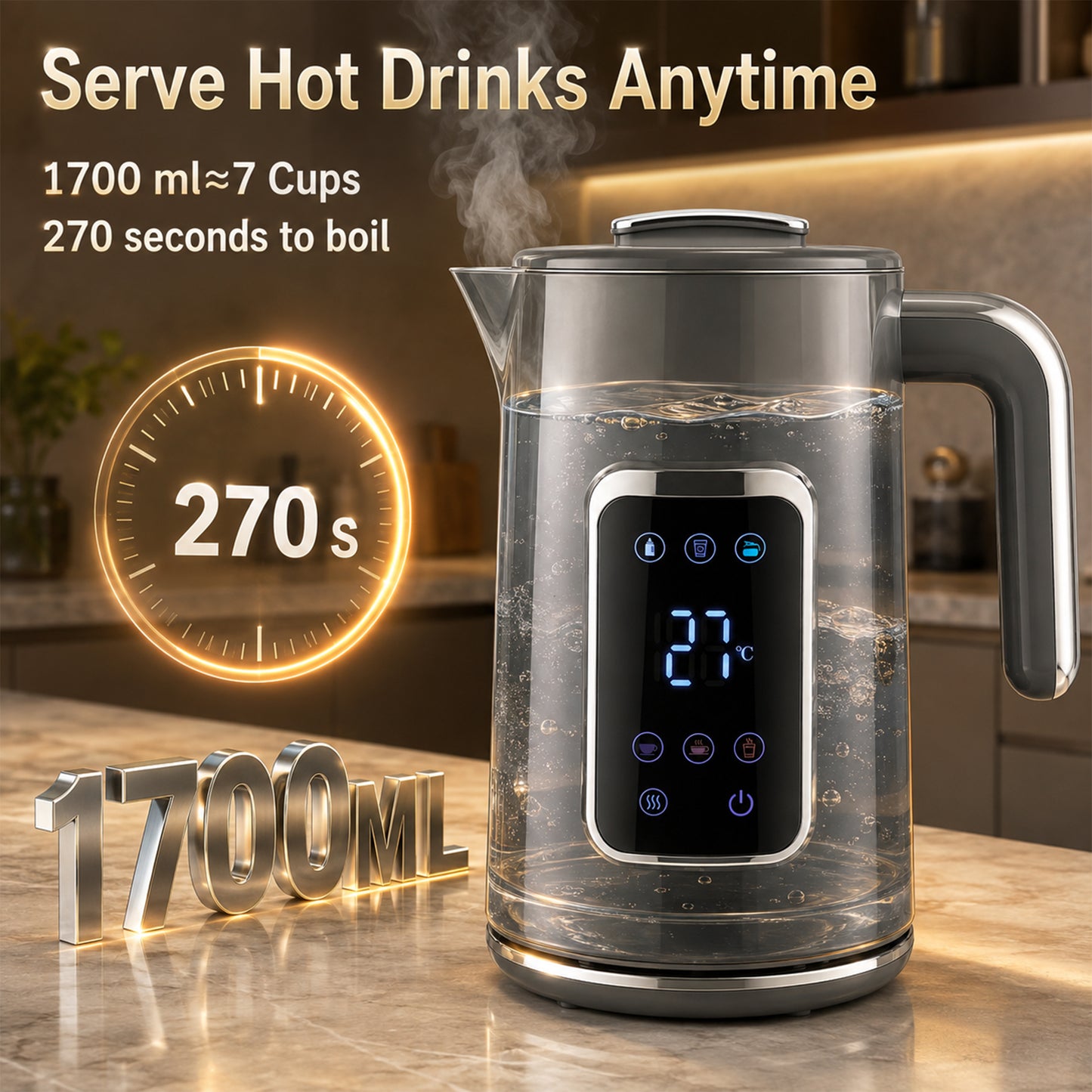 HOMCOM Electric Kettle, 1.7L Fast Boil 3000W Water Kettle with LED Display, Adjustable Temperature, Keep Warm Function, Grey