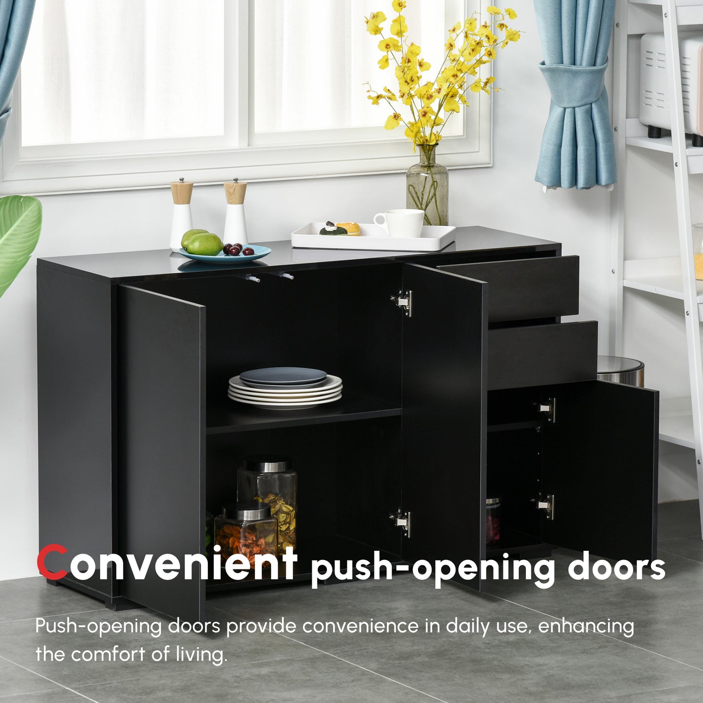 HOMCOM High Gloss Frame Sideboard, Push-Open Design with 2 Drawers for Living Room, Bedroom, 74H x 79W x 36Dcm, Black