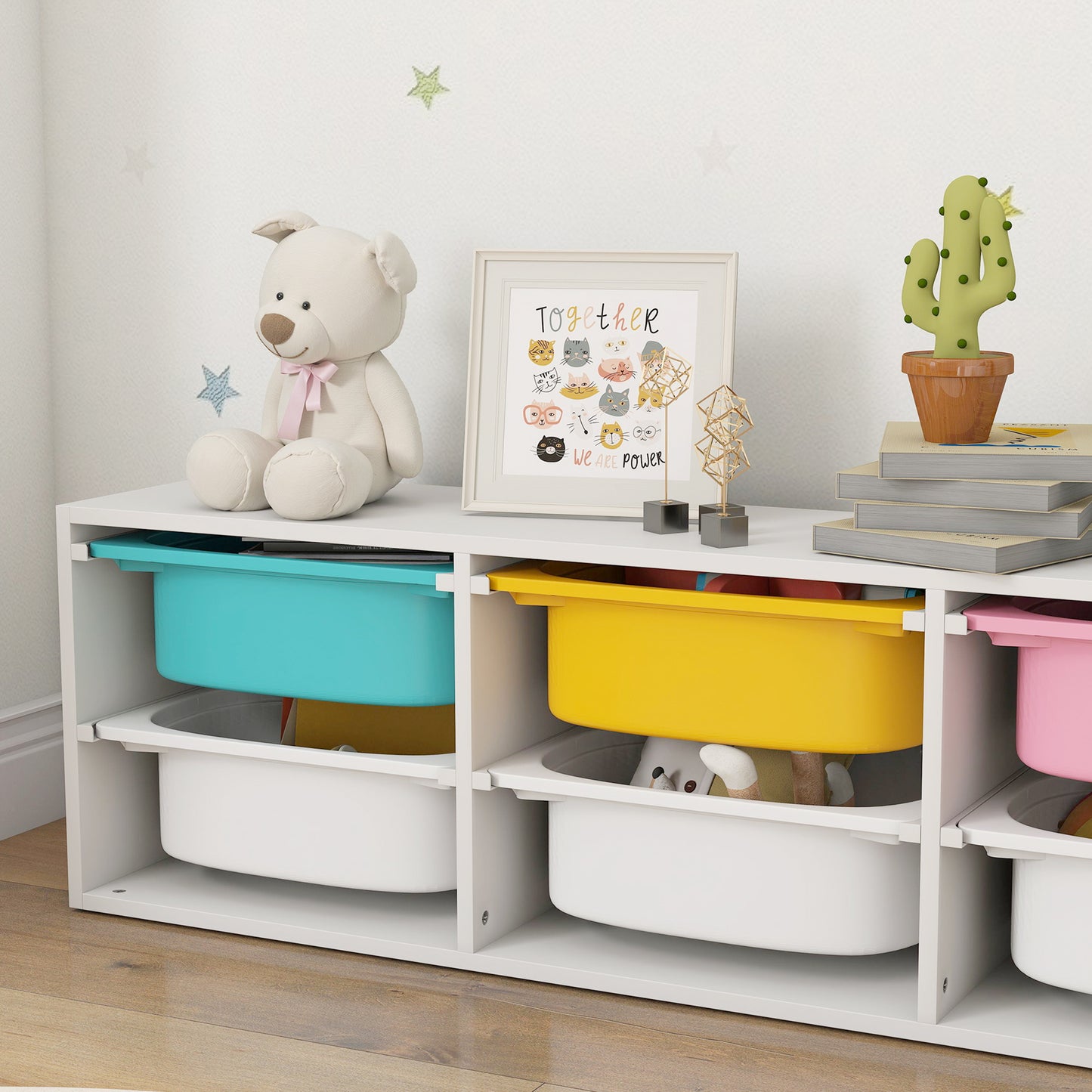 AIYAPLAY Low Height 2 Tiers Storage Organiser, Kids Toy Storage Unit with 6 Removable Bins for Bedroom, Nursery, Playroom