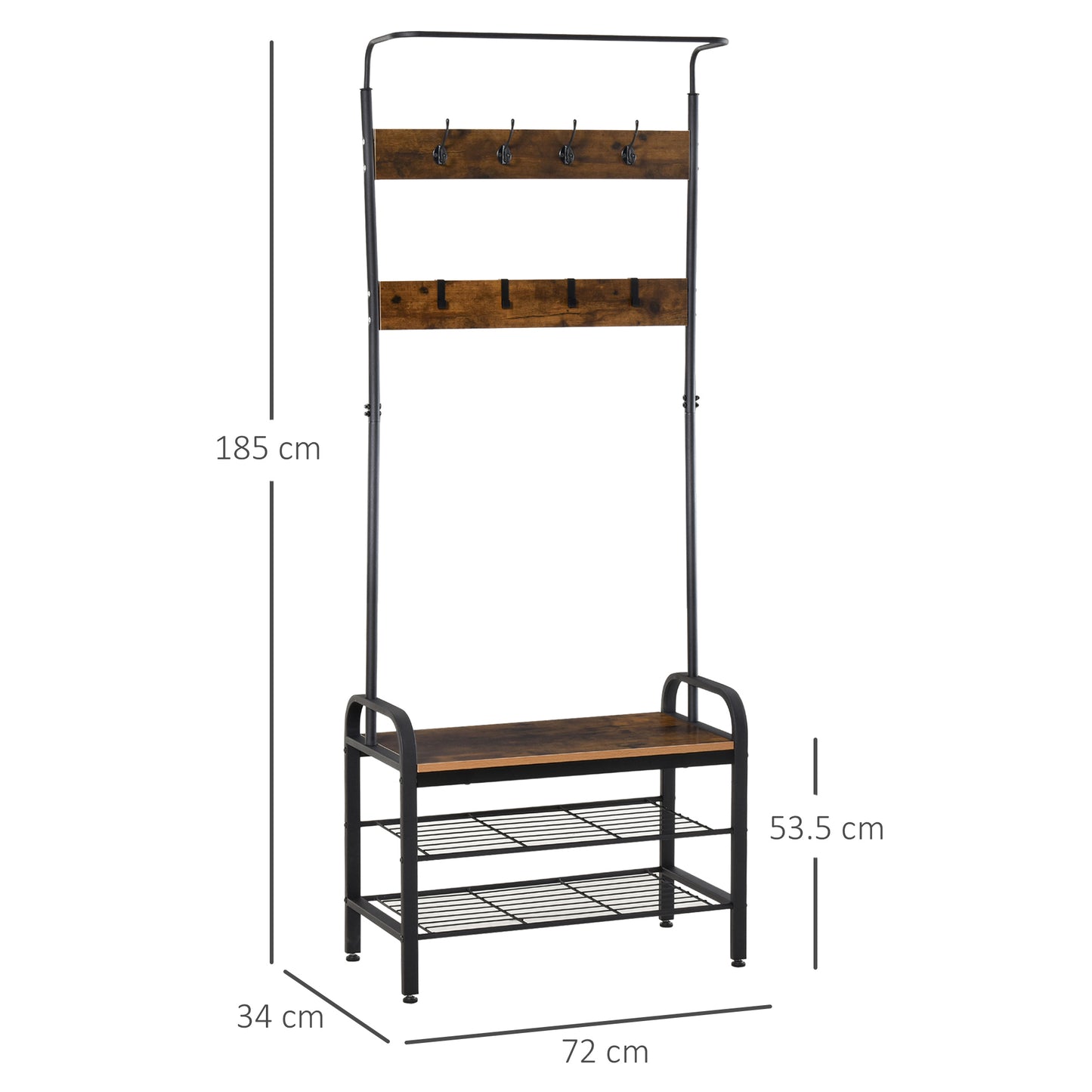 HOMCOM Coat Rack Stand Industrial hallway Shoe Rack Removable Hooks Metal Wood Hangers Storage Cabinet Rustic Brown 72LÃ—34WÃ—185H(cm)