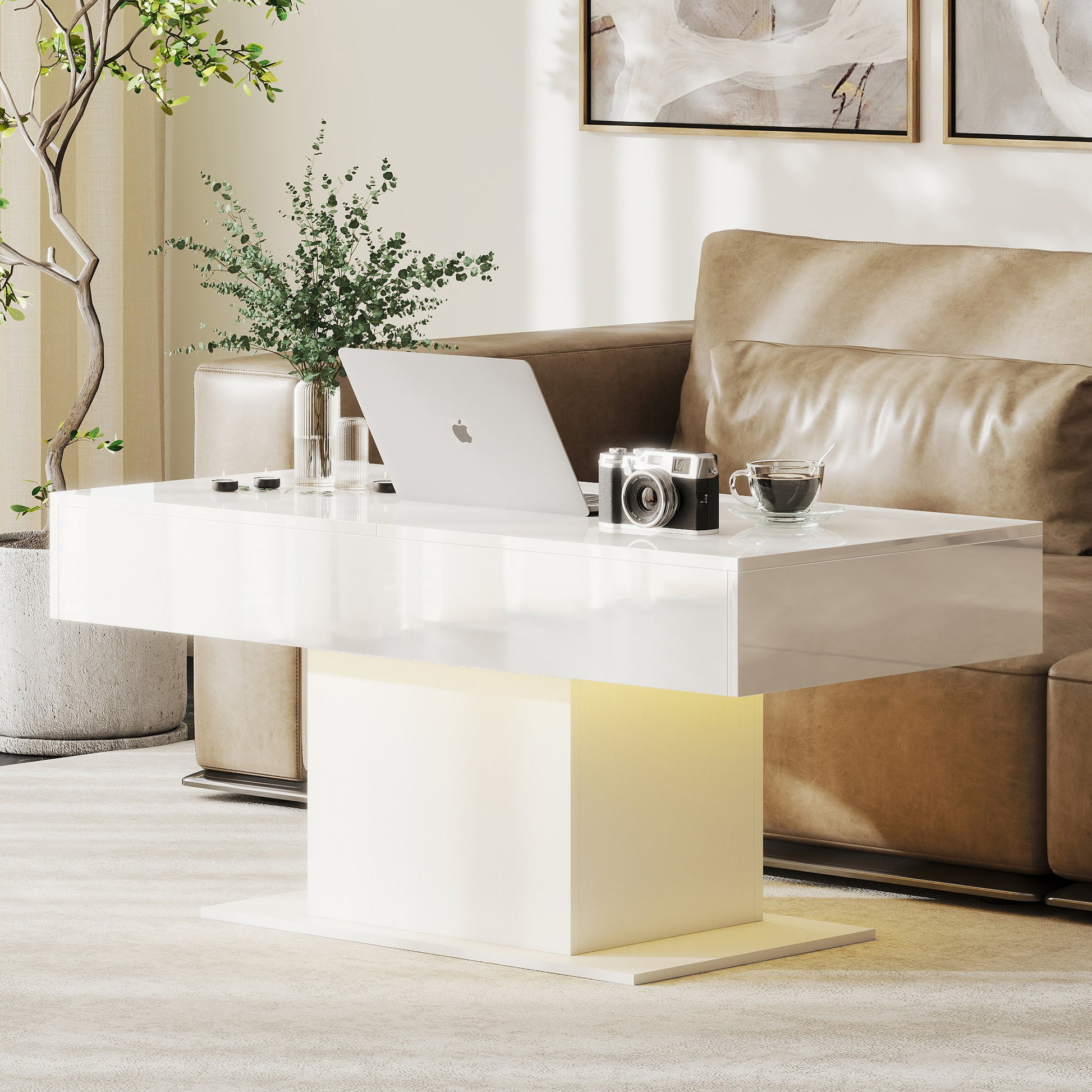 HOMCOM Extendable Coffee Table with LED Lights and Storage - High Gloss White