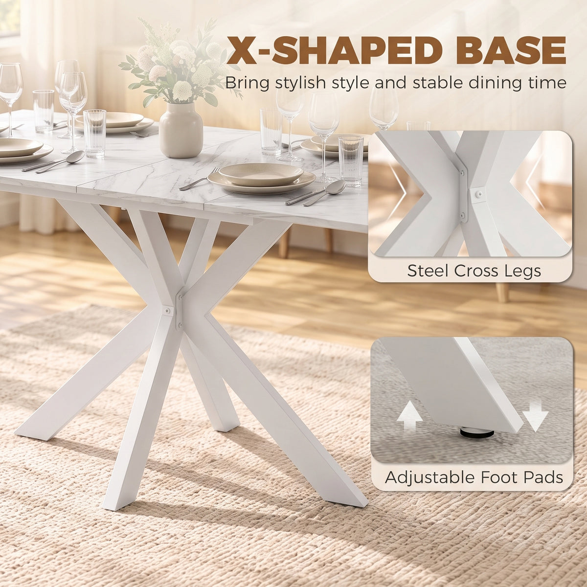 HOMCOM Extendable Dining Table Steel Cross Legs Steel Rails Space Saving White