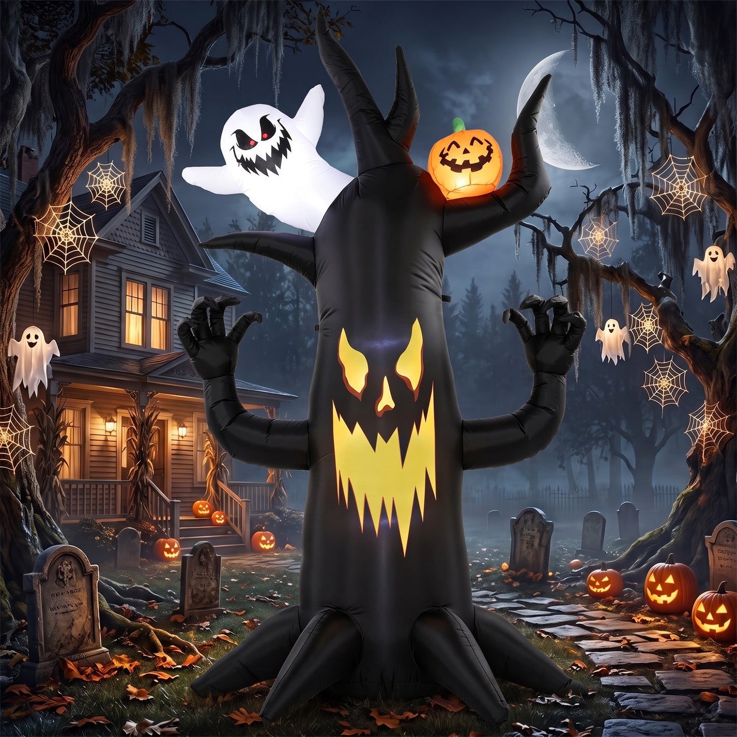 Outsunny 8 FT Halloween Inflatable Spooky Tree, Blow Up Decoration with Ghost and Pumpkin for Garden Indoor Outdoor Decor