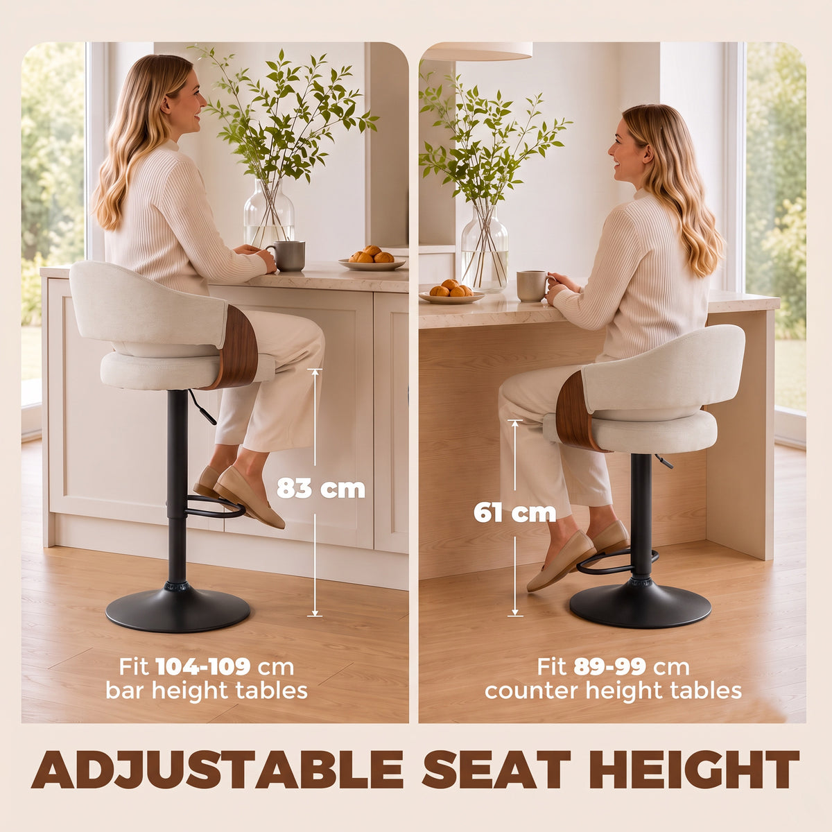 HOMCOM Bar Stools Set of 2 Height Adjustable Bar Chairs Swivel Backrest Footrest Faux Linen Beige