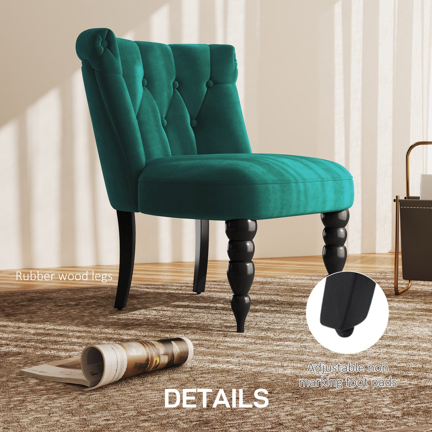 HOMCOM Velvet Accent Chair Set of 2, Button Tufted Wingback Chair with Rubber Wood Legs for Living Room, Bedroom, Dark Green
