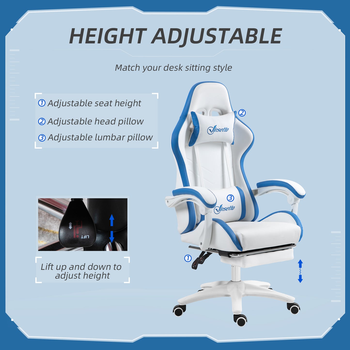 Vinsetto Computer Gaming Chair, PU Leather Office Desk Chair with Footrest, Swivel Wheels, 135Â° Reclining Back, Lumbar Support, Headrest for Home, White and Blue