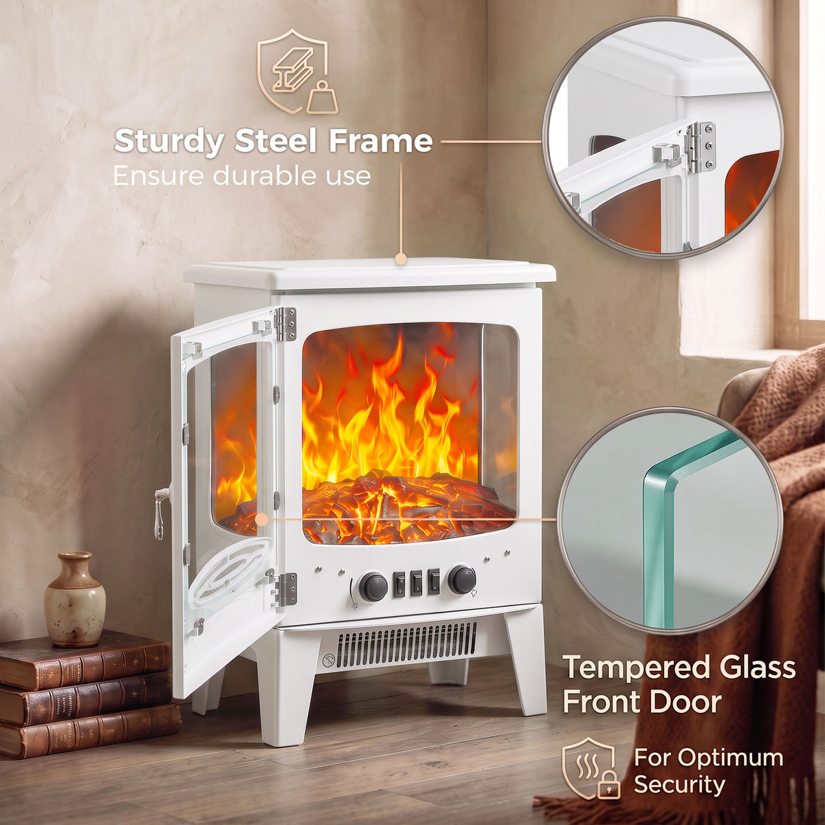 HOMCOM 900W/1800W Freestanding Electric Fireplace, Room Heater with Adjustable Artificial Flame, 3-Sided Tempered Glass, White