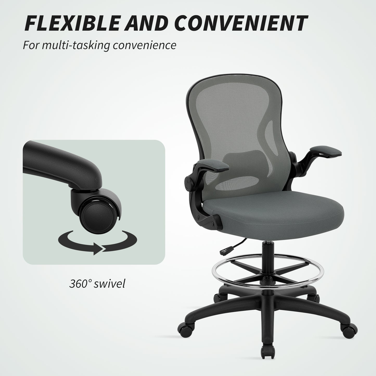 Vinsetto Drafting Chair, Ergonomic Tall Office Chair with Flip-up Armrests, Mesh Back, Lumbar Support, Adjustable Height and Foot Ring, Swivel Wheels, for Standing Desk, Charcoal Grey