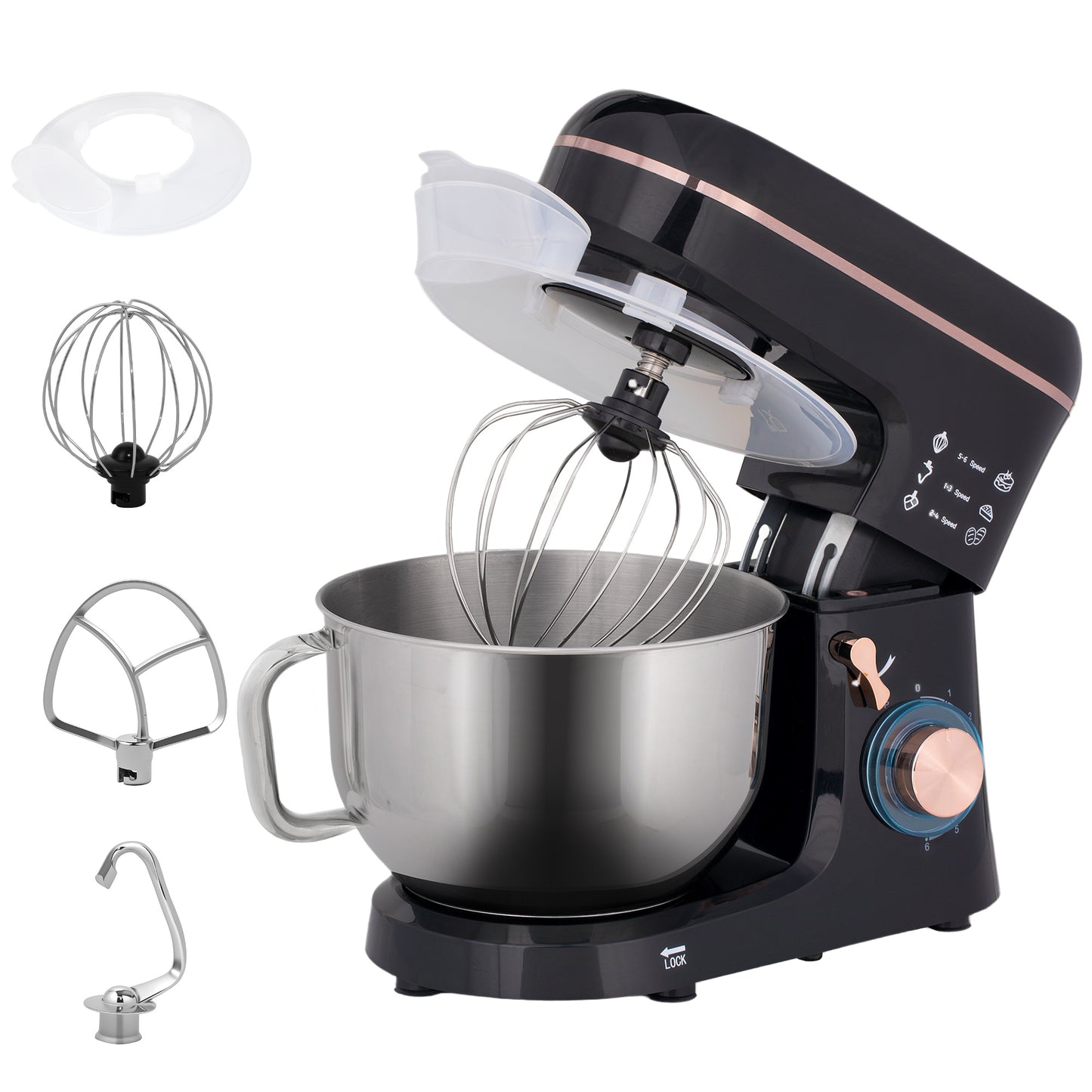 HOMCOM Stand Mixer, 5L Food Mixer for Baking, 6 Speeds and Pulse Setting, 1400W Cake Electric Kitchen Mixer with Dough Hook, Whisk, Stainless Steel Bowl, Splash Guard, Beater, Black