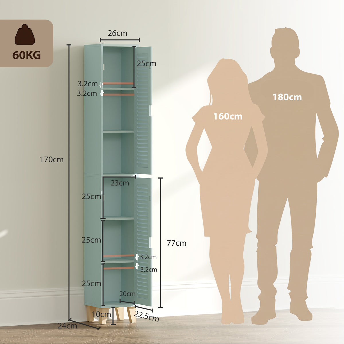 HOMCOM 170cm Tall Bathroom Storage Cabinet, Freestanding Bathroom Cabinet with Louvered Doors, Adjustable Shelf, Light Green