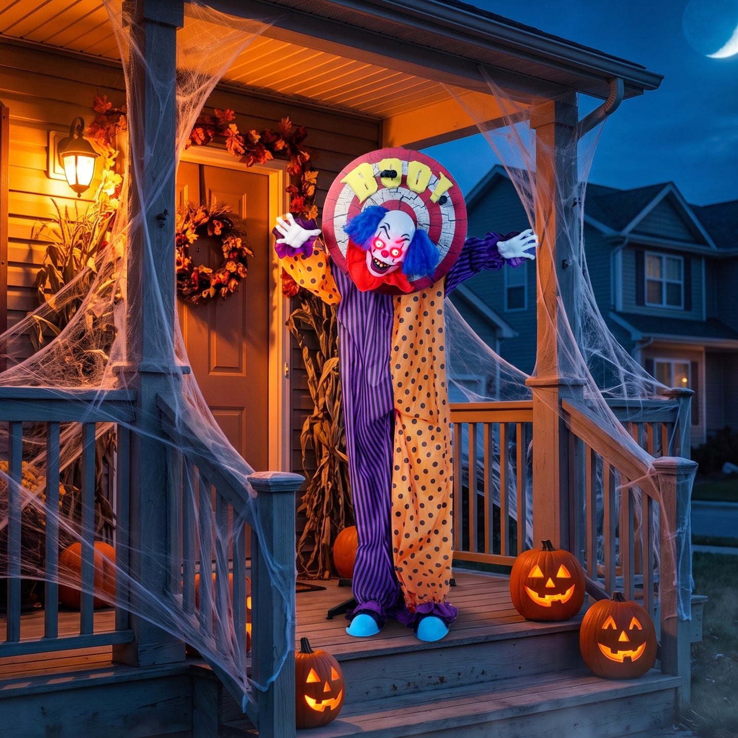 HOMCOM 167 cm Life Size Animated Clown Halloween Decoration, Scary Halloween Animatronics Decor with Sound Touch Activated
