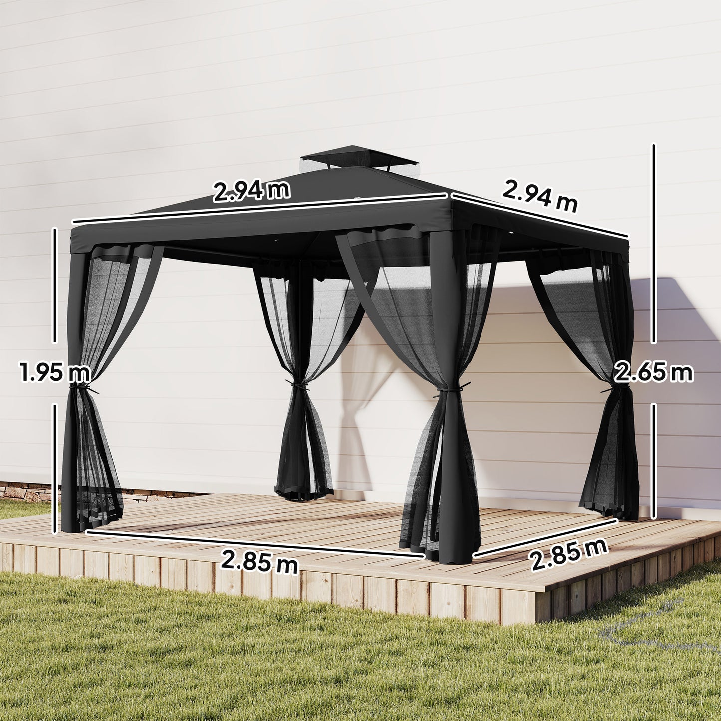 Outsunny 3 x 3 m Metal Gazebo, Garden Pavillion, DoubleÂ Roof Outdoor Canopy Shelter with Mesh Sidewalls, Black