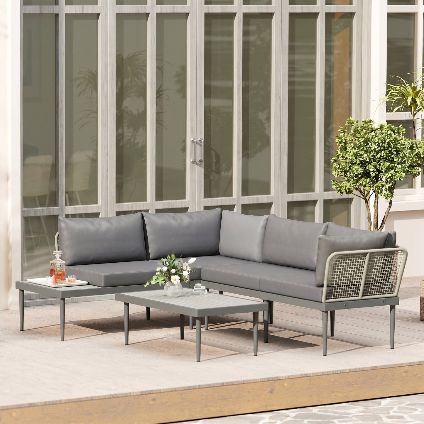 Outsunny Thee-Piece 'L' Rattan Sofa Set - Grey