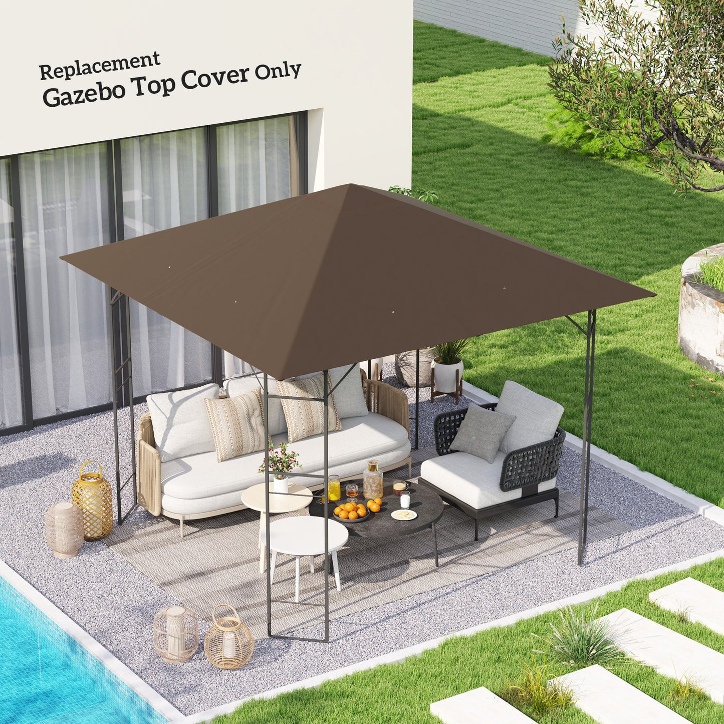 Outsunny 3 x 3(m) Gazebo Canopy Replacement Cover, Garden Gazebo Roof Replacement with Drain Holes, Water-resistant Plastic Coating, 370g/ãŽ¡, UPF30+, TOP COVER ONLY, Brown