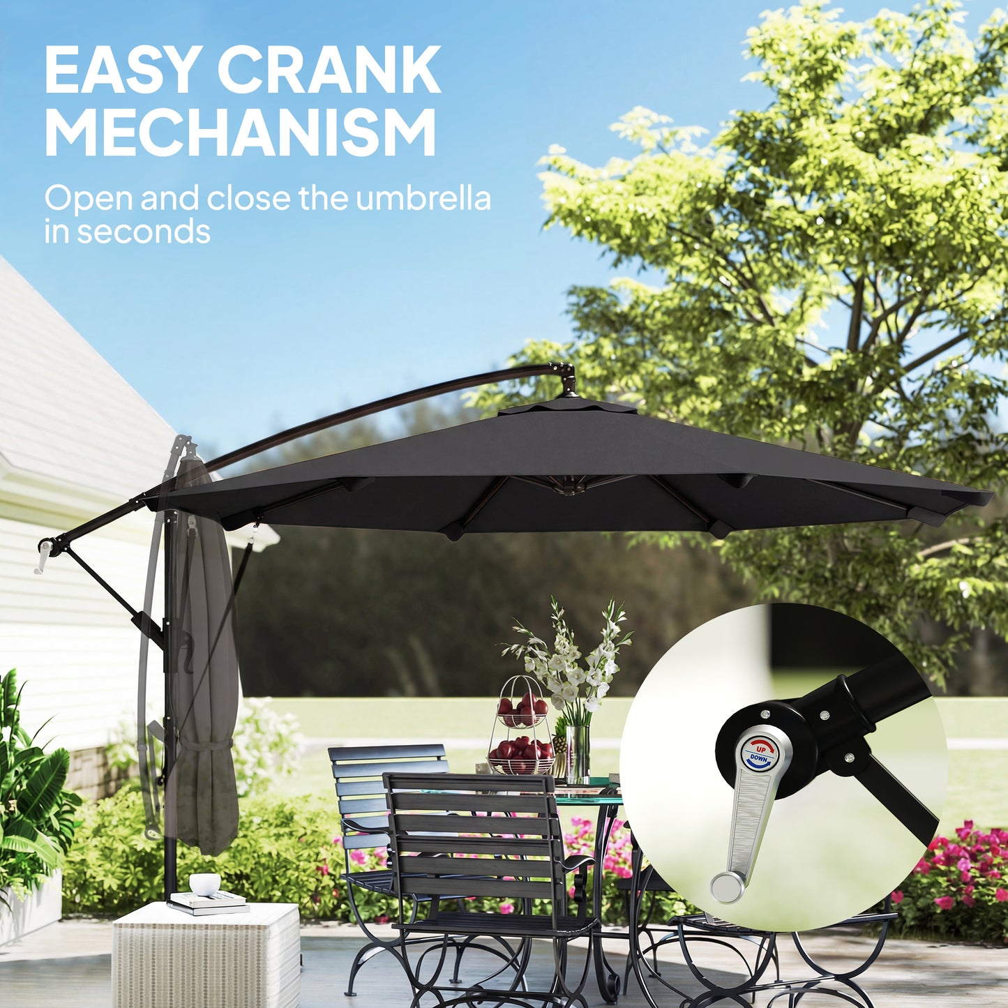 Outsunny 3 m Cantilever Parasol with Protective Cover and Wind Ropes, Banana Parasol with Crank Handle, Black