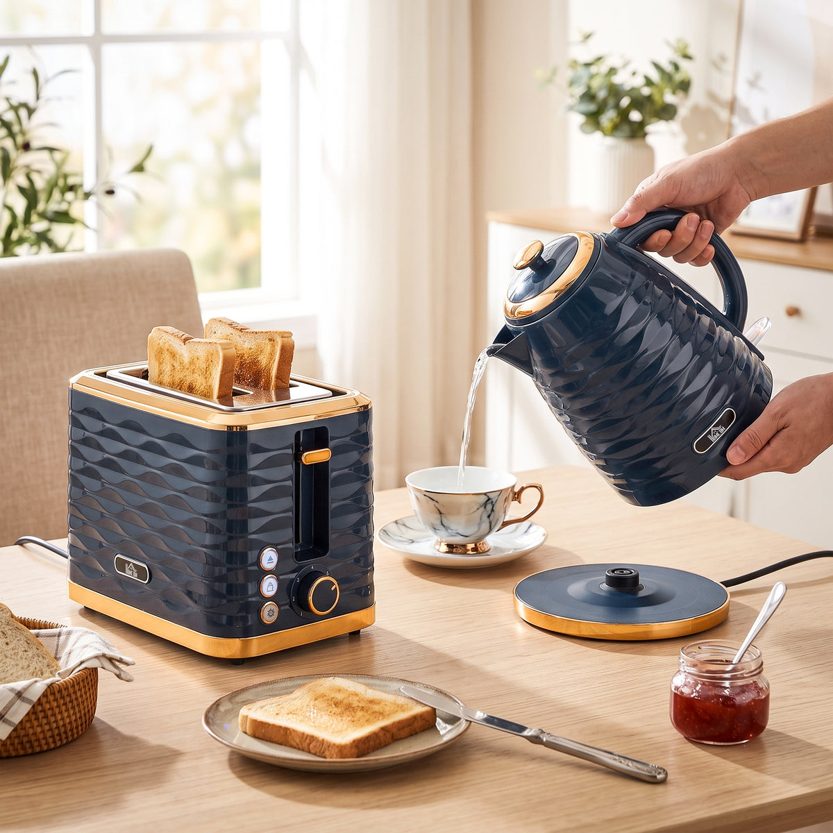 HOMCOM Kettle and Toaster Sets, 3000W 1.7L Rapid Boil Kettle & 2 Slice Toaster with 7 Browning Controls, Defrost, Dark Blue