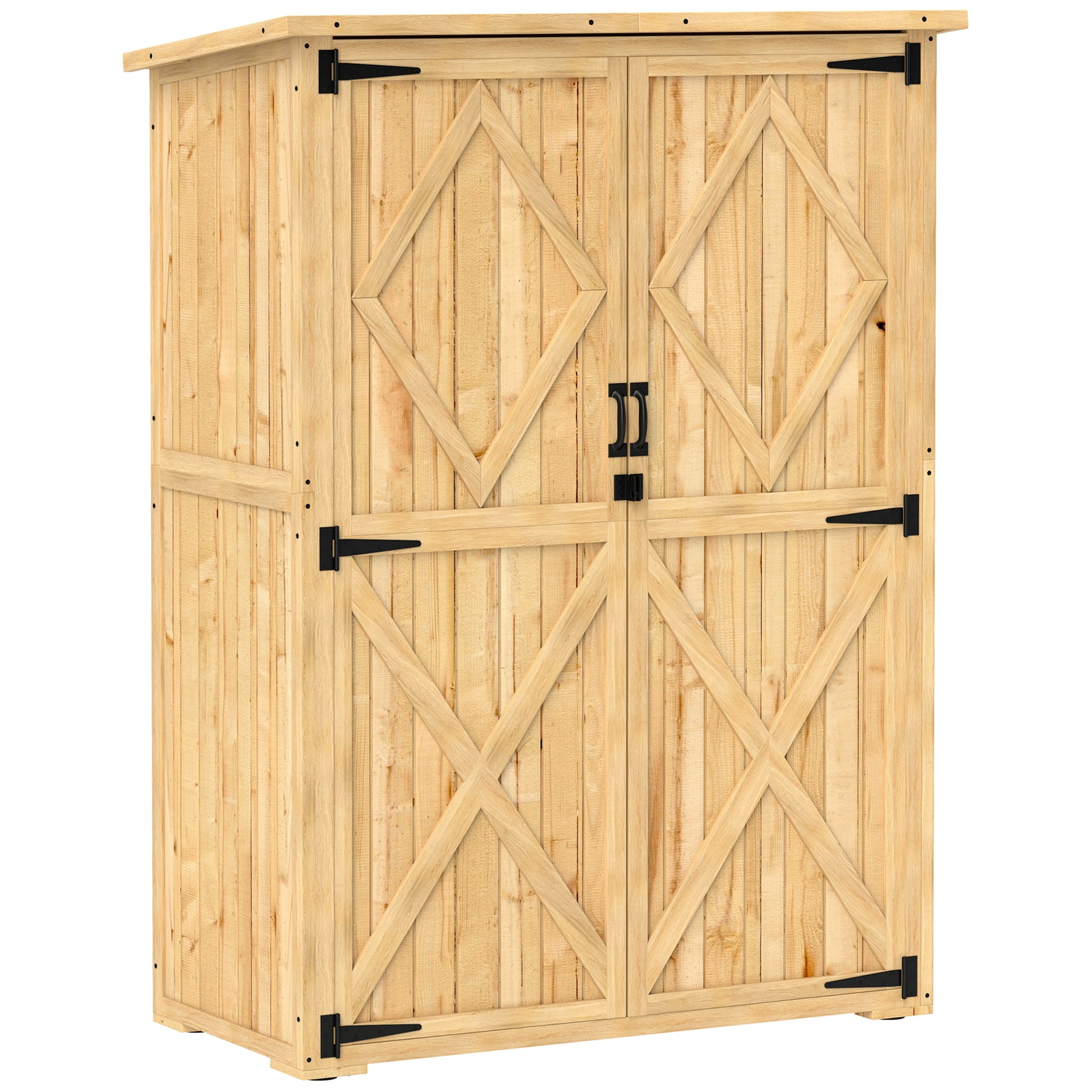 Outsunny Wooden Garden Storage Shed, Tool Storage Cabinet with Asphalt Roof and 2 Shelves for Garden Tools, Equipment, Outdoor Tool Shed with Double Doors, Natural Default Title
