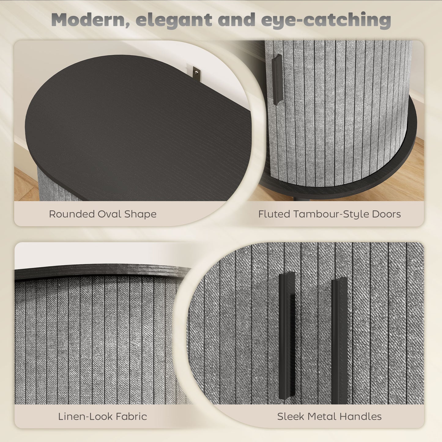 HOMCOM Tambour Sideboard with Fluted Sliding Doors, Modern Kitchen Cupboard with Storage Shelves and Wooden Legs, Grey