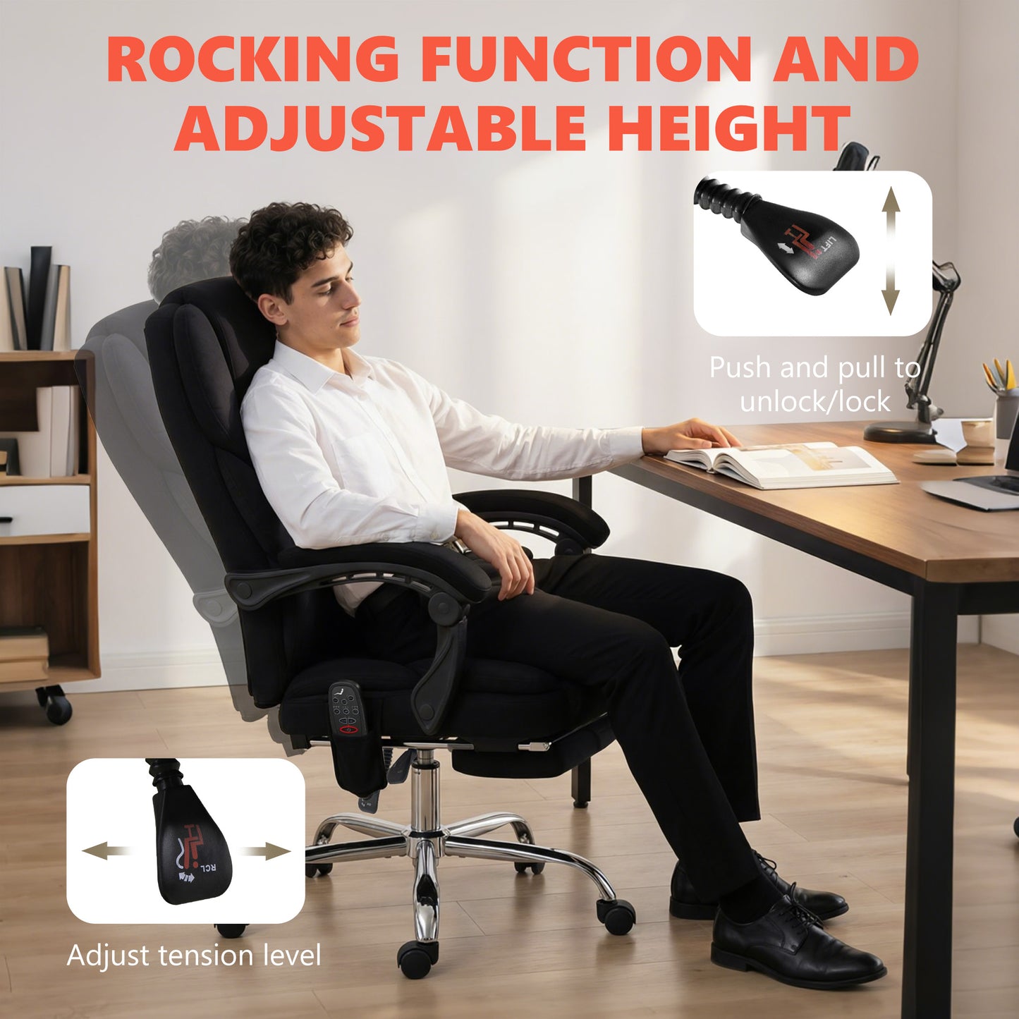 HOMCOM Office Chair with 6-point Vibration Massage and Heat, Fabric Desk Chair with Footrest, High Back, Black