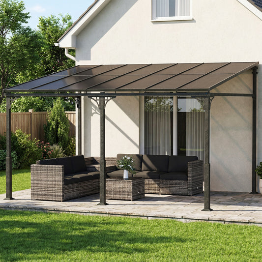 Outsunny 4 x 3 m Metal Lean-to Pergola, Wall-Mounted Garden Pergola with Polycarbonate Roof and Metal-Aluminium Frame, Heavy Duty Hardtop Gazebo for Outdoor Patios, BBQ, Brown
