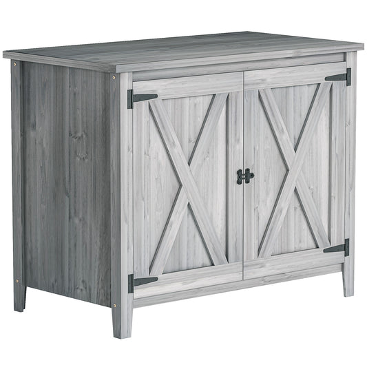 Outsunny Wooden Garden Shed, Outdoor Fir Wood Storage Shed with Shelf and Double Doors, Light Grey